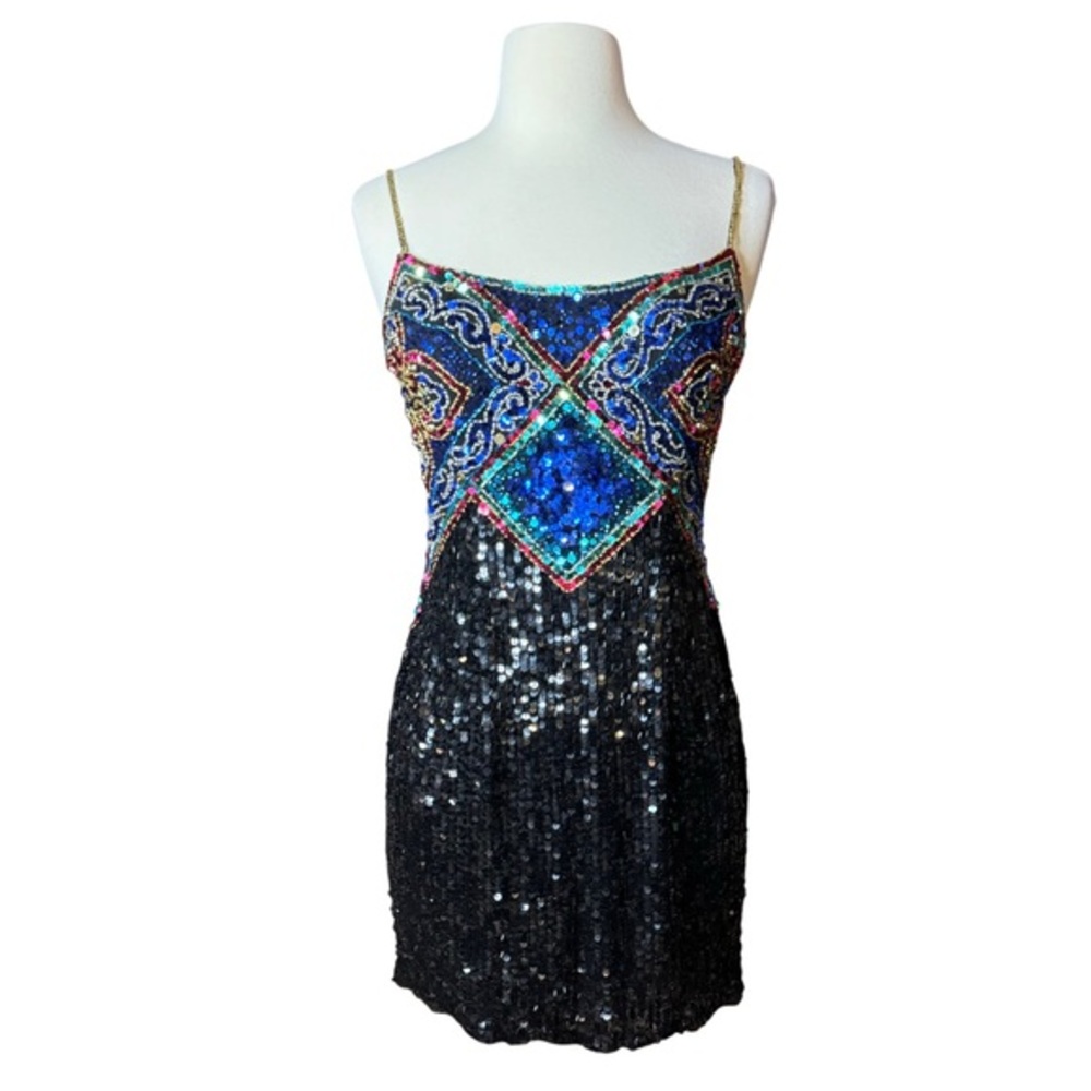 Vintage 90's Lillie Rubin Black Blue‎ Sequin Beaded Formal Evening Dress size 6